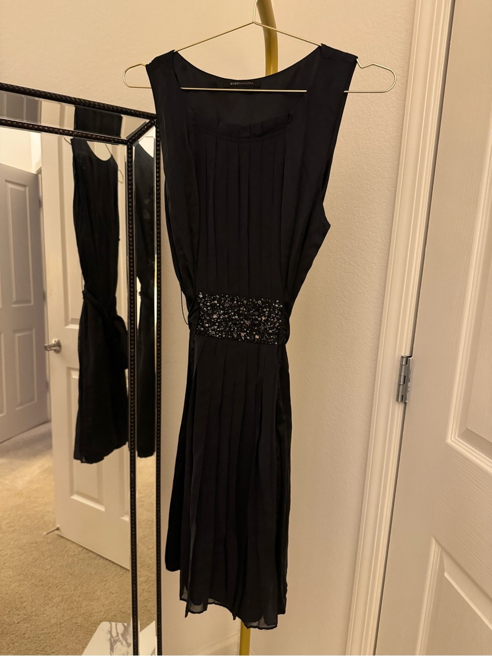 BCBGMAXAZRIA Black Pleated Embellished Waist Dress